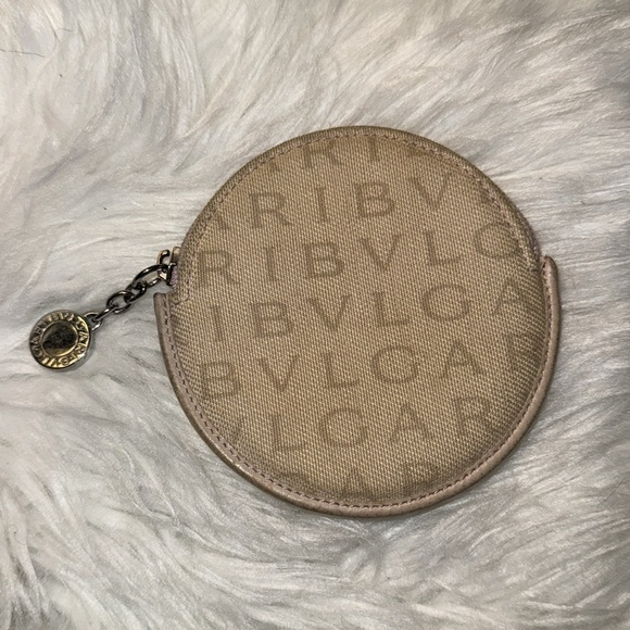 Pre owned  BVLGARI cream taupe Leather trim cream canvas Round MAMMET Coin Purse - Picture 4 of 7